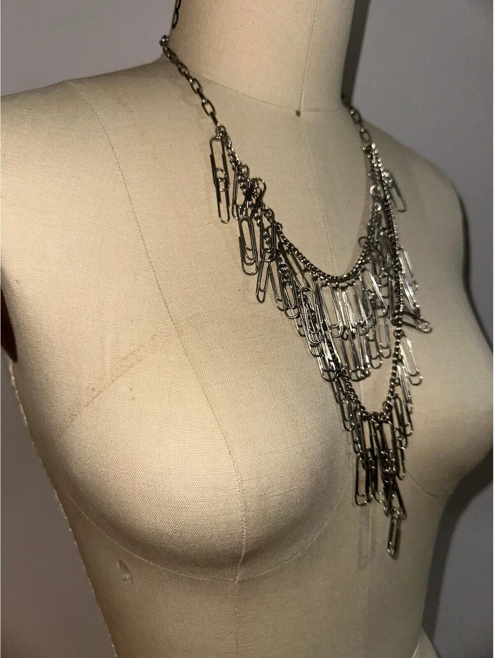 Silver Y2K Style Multi-Layered Paperclip Statement Necklace